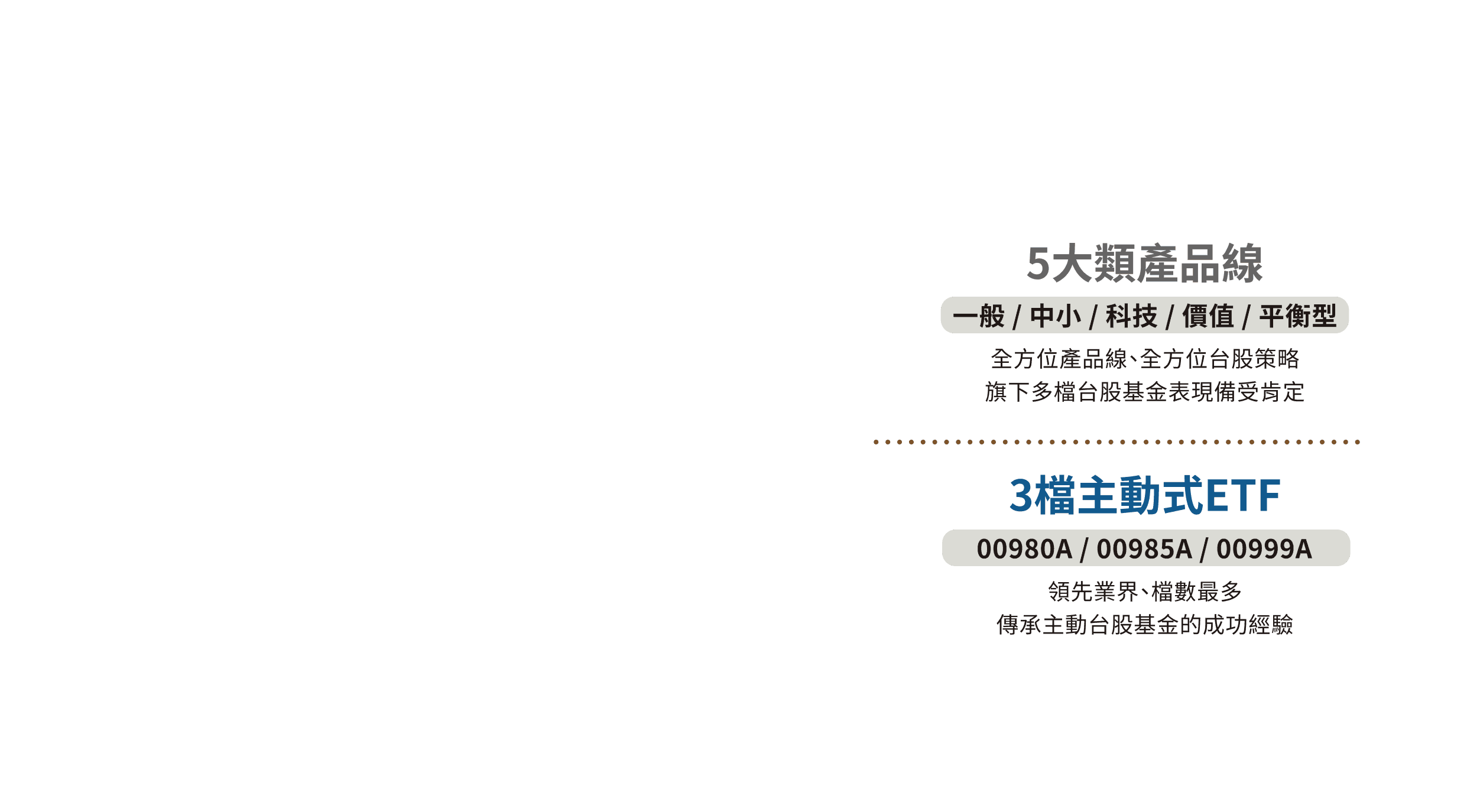 5大產品線、3檔主動式ETF 00980A／00985A／00999A